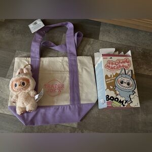 Trader Joe's mini canvas tote bag in purple and Labubu Macarons in soymilk